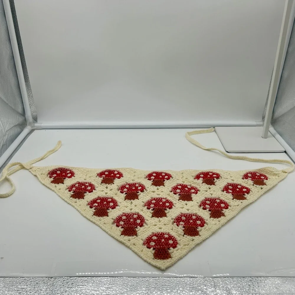 Crochet Mushroom Bandana Headscarf Cream Red Toadstool Boho Festival